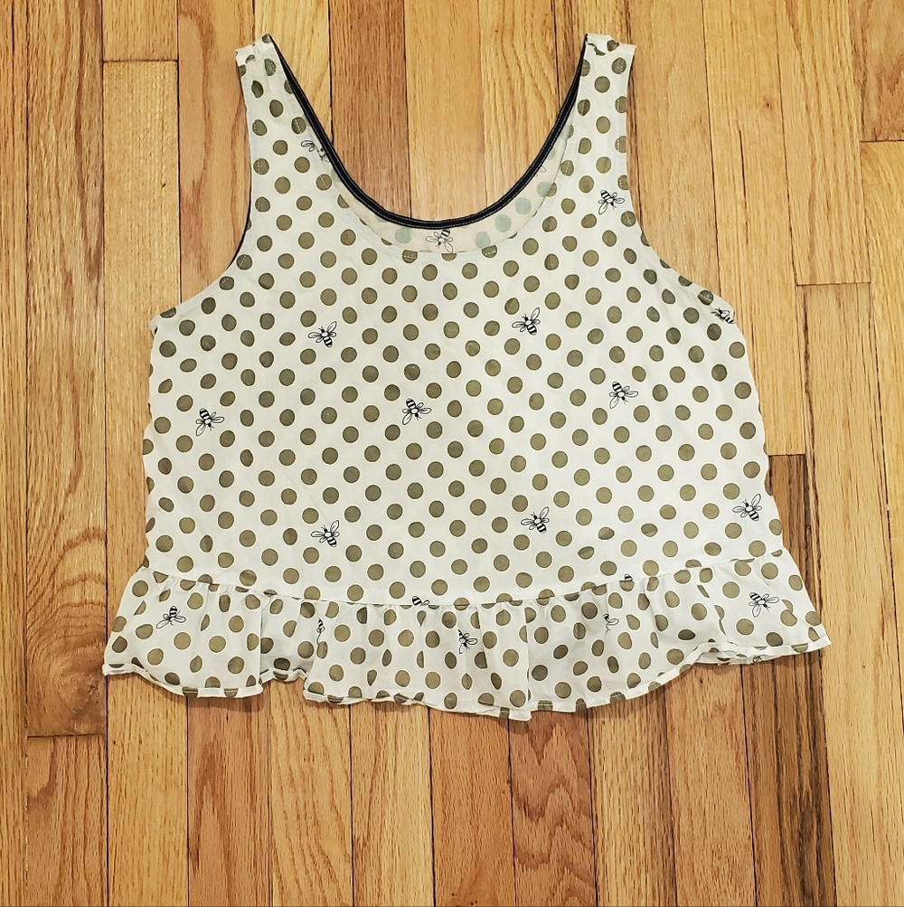 Jane and Bleecker White Tank Top with Olive Polka Dots, Bee and Ruffle Hem